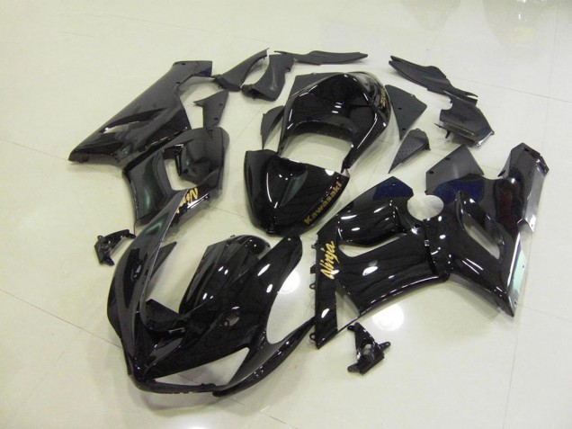 Cheap 2005-2006 Glossy Black Gold Decals Kawasaki ZX6R Motorcycle Fairings Kits Cheap 2005-2006 Glossy Black Gold Decals Kawasaki ZX6R Motorcycle Fairings Kits