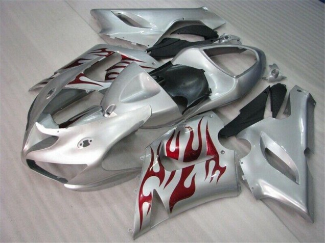 Cheap 2005-2006 Silver Red Flames Kawasaki ZX6R Motorcycle Fairings Cheap 2005-2006 Silver Red Flames Kawasaki ZX6R Motorcycle Fairings