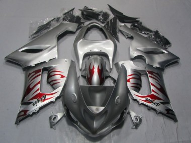 Cheap 2005-2006 Silver Red Flame Ninja Kawasaki ZX6R Motorcycle Replacement Fairings