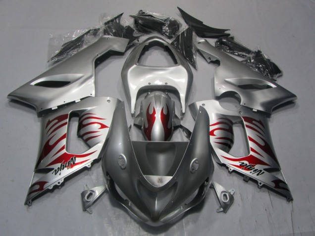 Cheap 2005-2006 Silver Red Flame Ninja Kawasaki ZX6R Motorcycle Replacement Fairings